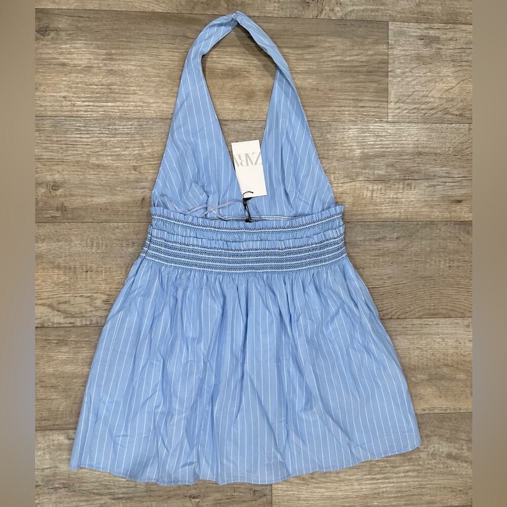 Zara NWT Blue White Plunge Halter Mini Dress M L - Picture 16 of 16